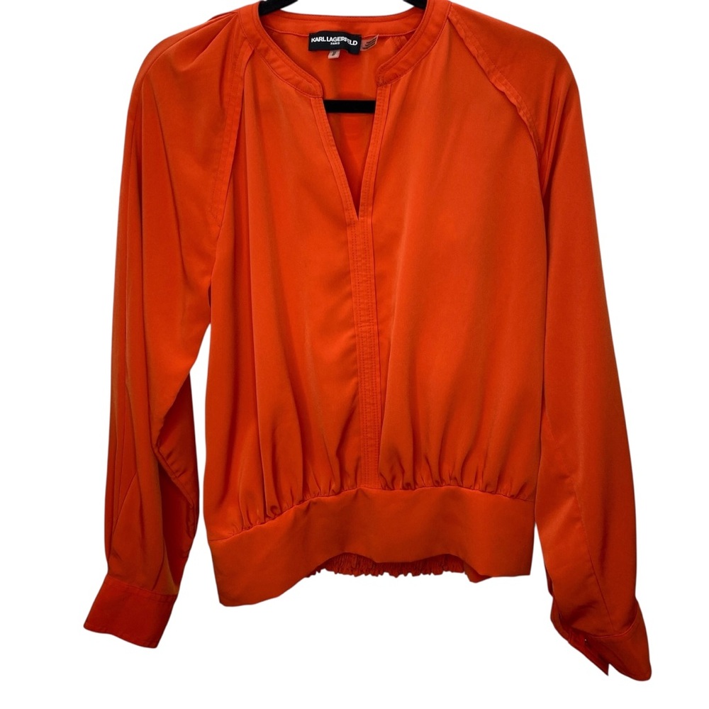 Karl Lagerfeld Blouse Womens Medium Orange Long Sleeve‎ Pullover Gold Button Top